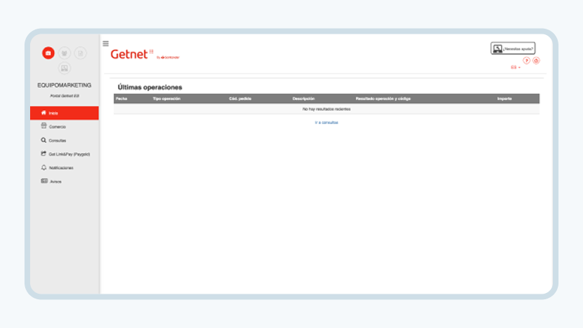 Pantalla de Getnet con el menú de acceso a Get Link and Pay